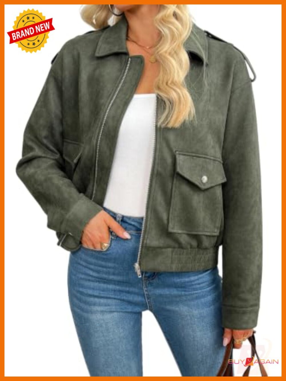 Faux Suede Zip Up Jacket Collar Long Sleeve Casual Outerwear Fall